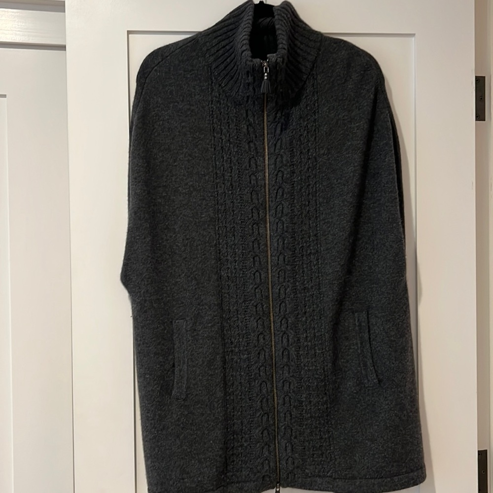 Forte Cashmere full zip cable sleeveless poncho